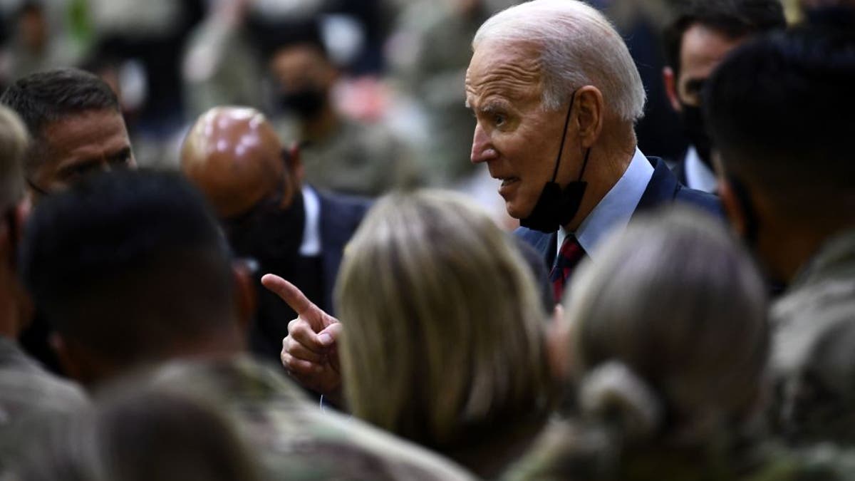 President Biden greets soldiers at Fort Bragg to mark the upcoming Thanksgiving holiday on Nov. 22, 2021, in Fort Bragg, North Carolina.