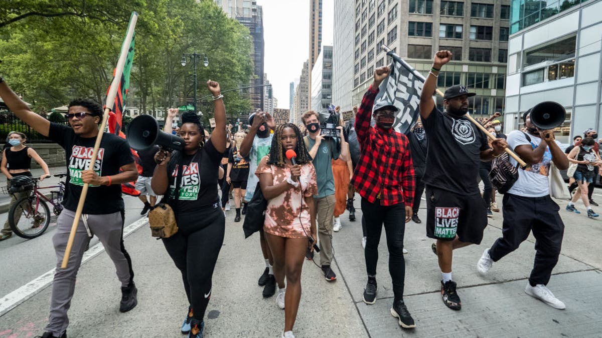 Black Lives Matter demonstrators march on Aug. 8, 2020, in the Manhattan borough of New York City. 