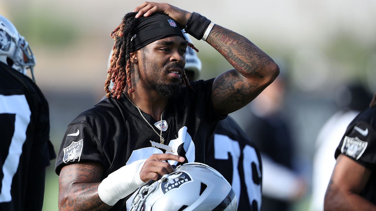 Damon Arnette #20 of the Las Vegas Raiders is shown during training camp at the Las Vegas Raiders Headquarters/Intermountain Healthcare Performance Center on July 28, 2021 in Henderson, Nevada. 