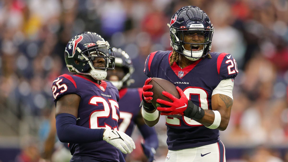 Justin Reid (20) of the Houston Texans reacts after missing an interception during the first half against the New England Patriots at NRG Stadium Oct. 10, 2021, in Houston.