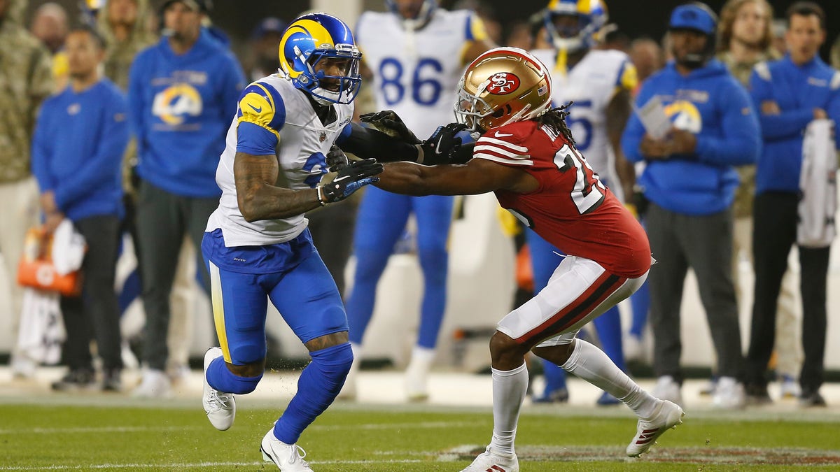 Odell Beckham Jr. of the Los Angeles Rams lines up on Josh Norman of the San Francisco 49ers at Levi's Stadium on Nov. 15, 2021 in Santa Clara, California. 