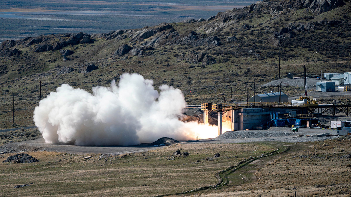 FILE: The US Navy, in collaboration with the US Army, conducts a static fire test of the first stage of the newly developed 34.5" common hypersonic missile that will be fielded by both services, in Promontory, Utah, U.S., in this handout image taken on October 28, 2021.