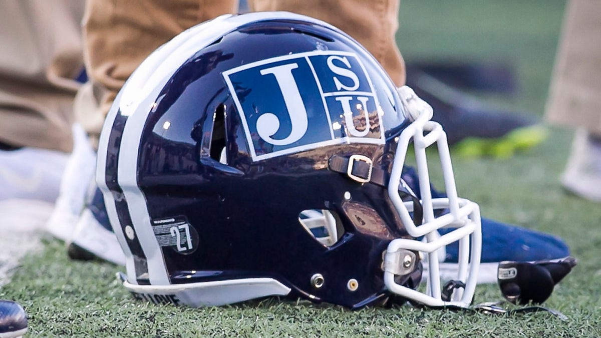 A JSU branded helmet on the sideline prior to the Southern Heritage Classic game between the Jackson State University Tigers and the Tennessee State Tigers on Saturday Sept. 14, 2019 at Liberty Bowl Memorial Stadium in Memphis, TN.