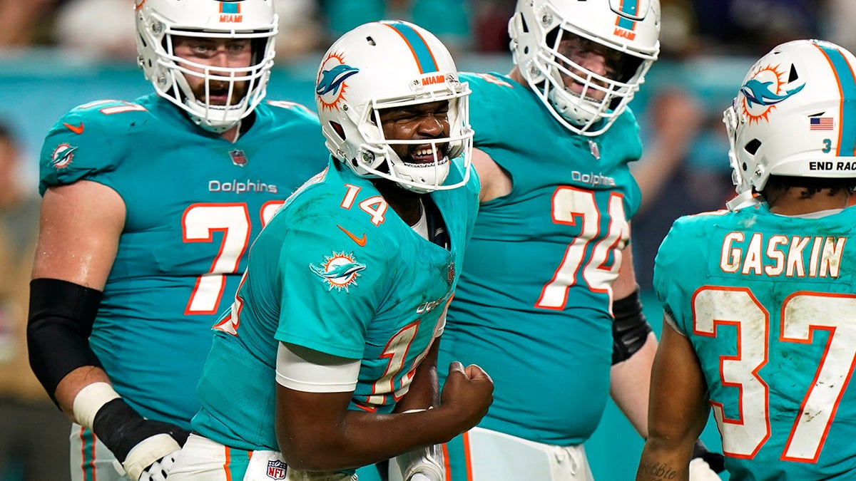 Miami Dolphins quarterback Jacoby Brissett (14) grimaces after he is hurt on a play during the first half of an NFL football game against the Baltimore Ravens, Thursday, Nov. 11, 2021, in Miami Gardens, Fla.