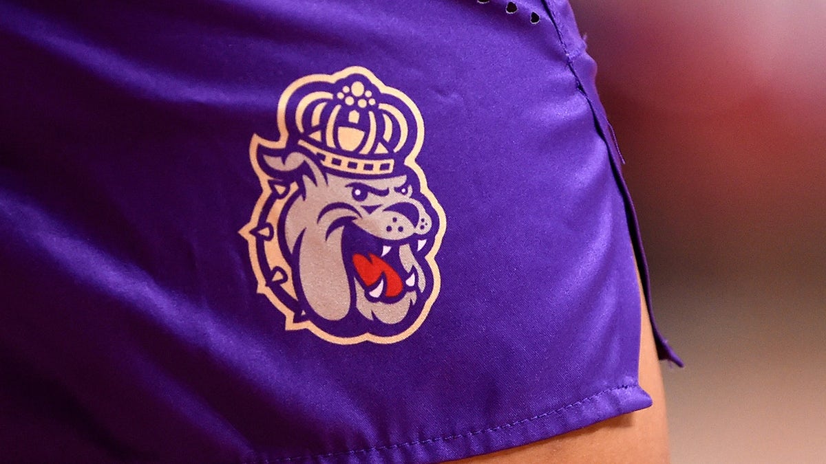 The James Madison Dukes logo on their uniform during the game against the Maryland Terrapins at Xfinity Center on Dec. 19, 2020 in College Park, Maryland.
