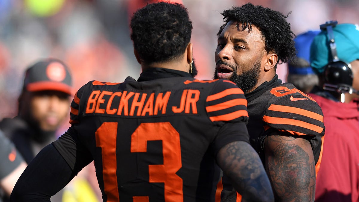Wide receivers Jarvis Landry #80 and Odell Beckham Jr. #13 of the Cleveland Browns talk on the sideline in the second quarter of a game against the Baltimore Ravens on Dec. 22, 2019 at FirstEnergy Stadium in Cleveland, Ohio. Baltimore won 31-15.