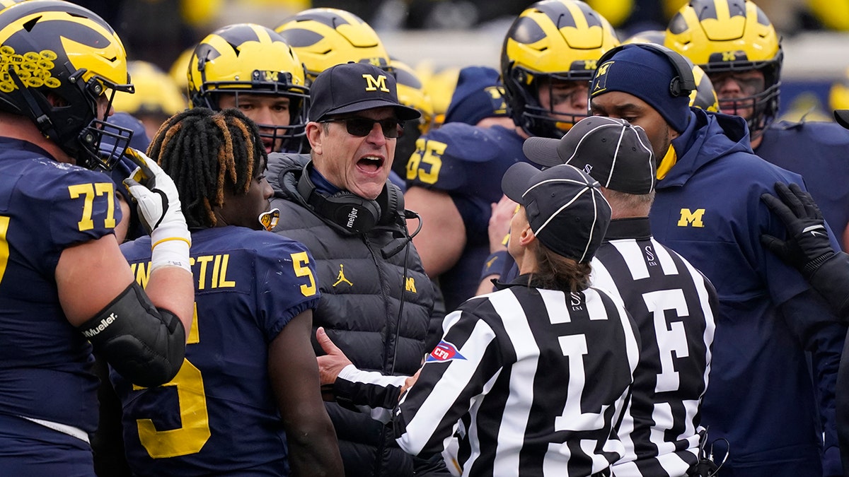 Jim Harbaugh yells at a ref