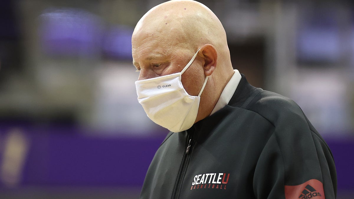 SEATTLE, WASHINGTON - DECEMBER 09: Head Coach Jim Hayford of the Seattle Redhawks walks off the court after their 73-41 loss to the Washington Huskies at Alaska Airlines Arena on December 09, 2020 in Seattle, Washington.