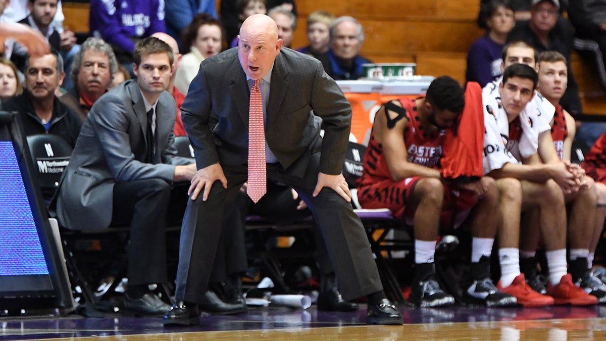 EVANSTON, IL - NOVEMBER 14: Jim Hayford yells at his time in the second half during a game between the Northwestern Wildcats and his former team the Eastern Washington Eagles on November 14, 2016, at the Welsh-Ryan Arena in Evanston, IL. Wildcats won 86-72. 