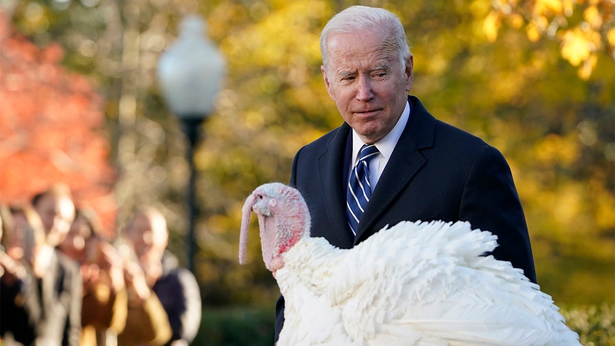 President Joe Biden walks past Peanut Butter, the national Thanksgiving turkey, after it was pardoned during a ceremony in the Rose Garden of the White House