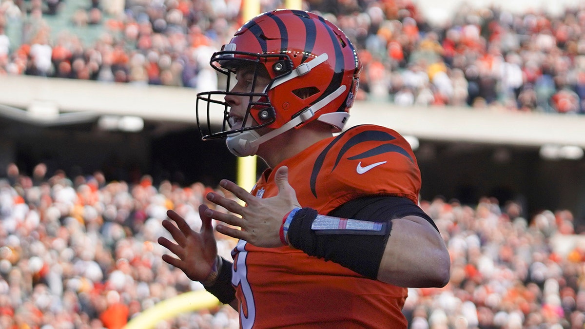 Cincinnati Bengals quarterback Joe Burrow celebrates after scoring a touchdown against the Pittsburgh Steelers during the first half of an NFL football game, Sunday, Nov. 28, 2021, in Cincinnati.