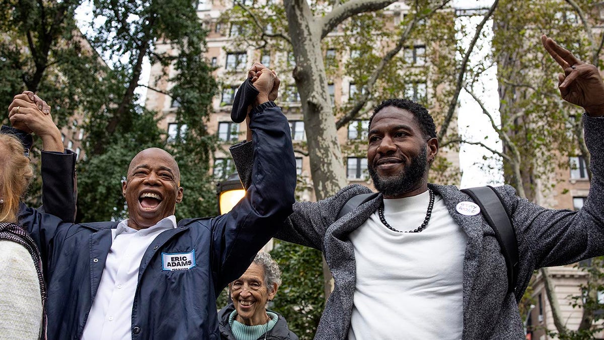 New York City mayoral candidate Eric Adams and Public Advocate Jumaane Williams attend a Democratic Party "Get Out the Vote" rally nine days before New York City elections on Oct. 24, 2021, in the Upper West Side neighborhood of Manhattan, New York City.