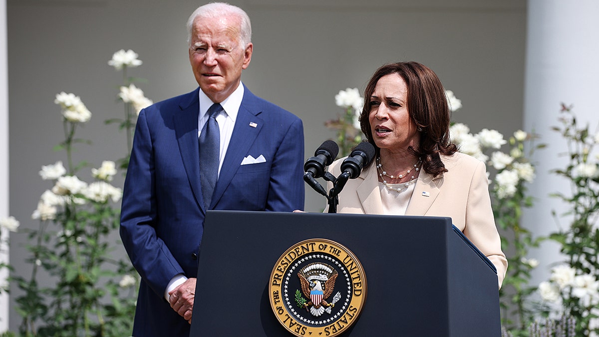 Vice President Kamala Harris delivers remarks, as President Joe Biden looks on, in the Rose Garden of the White House on July 26, 2021, in Washington, DC. (Anna Moneymaker/Getty Images)