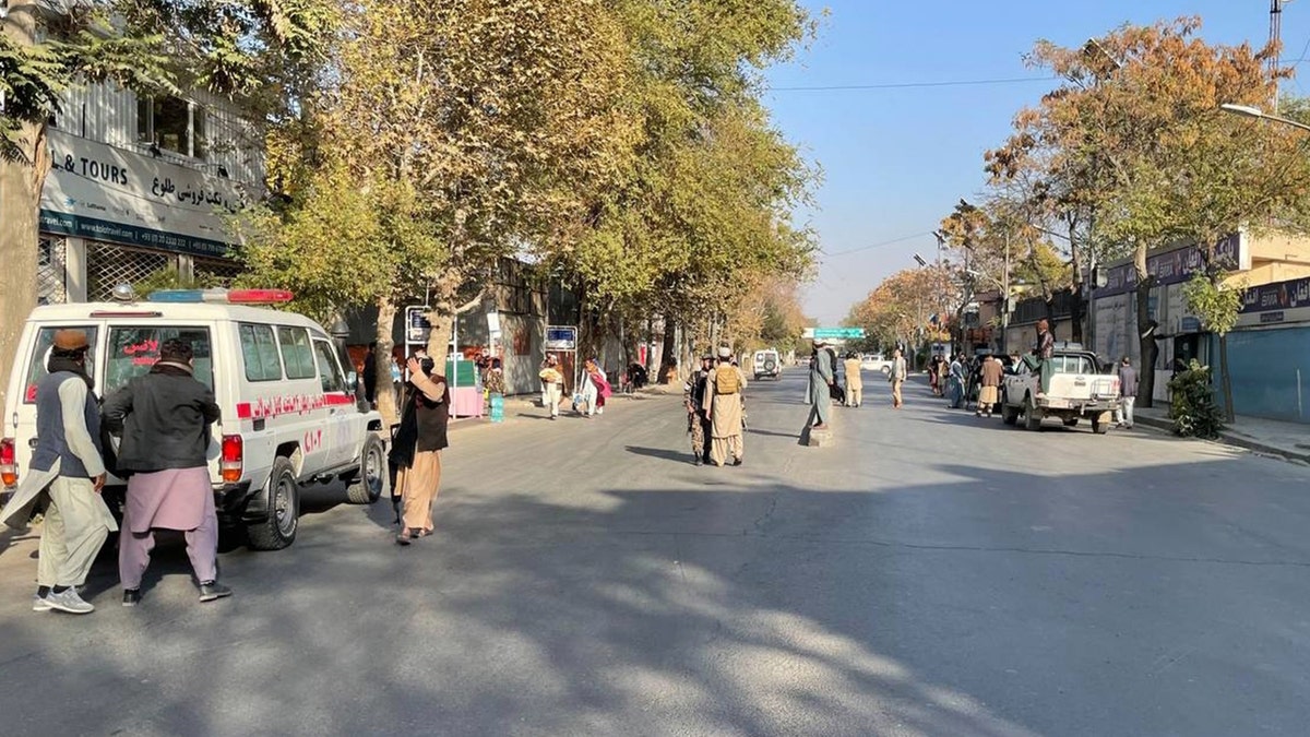 An ambulance is seen as Taliban take security measures after a military hospital located in Wazir Akbar Khan region, was hit by twin bombings in Afghanistan's capital Kabul on Nov. 2. 