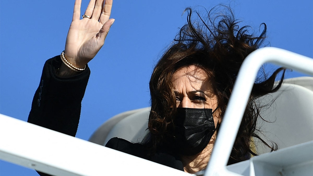 Vice President Kamala Harris arrives at Andrews Air Force Base in Maryland before traveling to Columbus, Ohio, on Nov.19, 2021. 