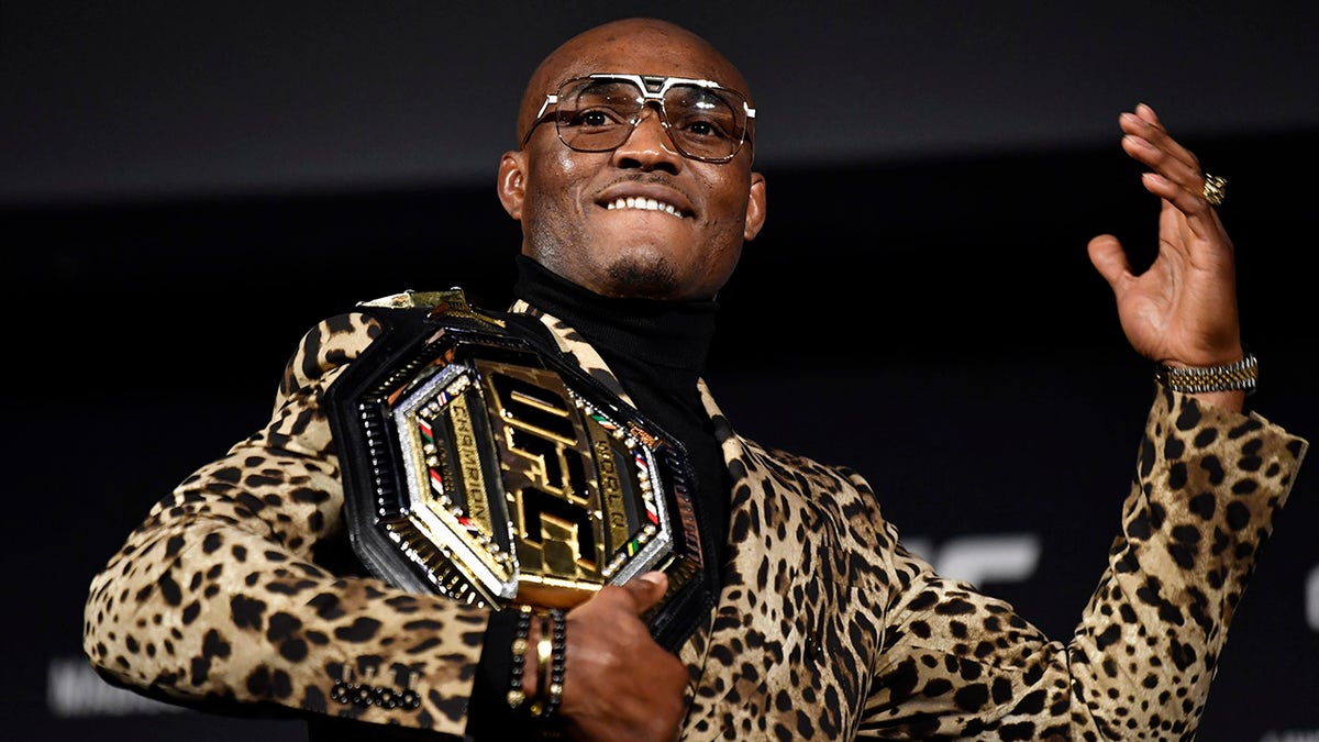 NEW YORK, NEW YORK - NOVEMBER 04: Kamaru Usman of Nigeria poses during the UFC 268 press conference at The Hulu Theater at Madison Square Garden on November 04, 2021 in New York City.