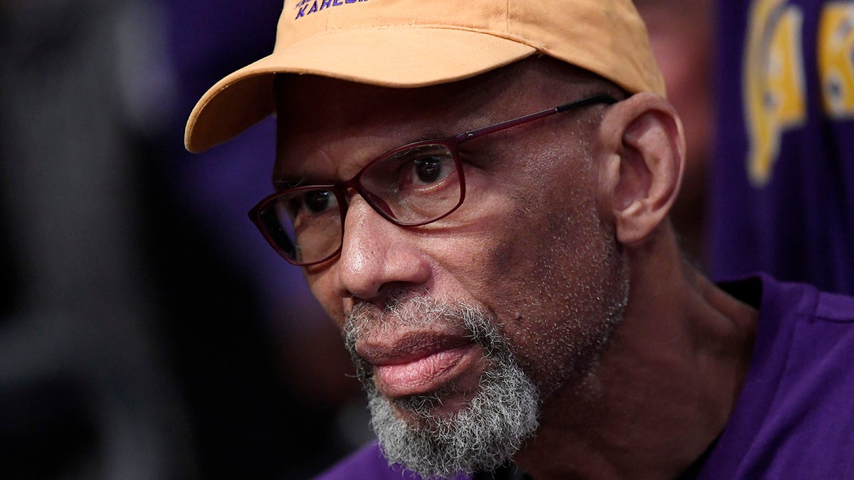 Los Angeles Lakers great Kareem Abdul-Jabbar attends the Los Angeles Lakers and Memphis Grizzlies basketball game at Staples Center on Feb. 21, 2020, in Los Angeles, California.