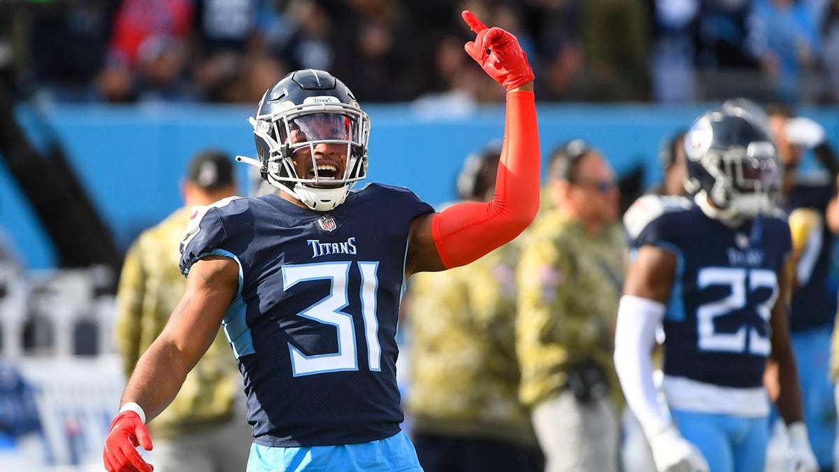 Tennessee Titans free safety Kevin Byard (31) celebrates after the Titans recovered a fumbled kickoff by the New Orleans Saints in the second half of an NFL football game Sunday, Nov. 14, 2021, in Nashville, Tennessee.
