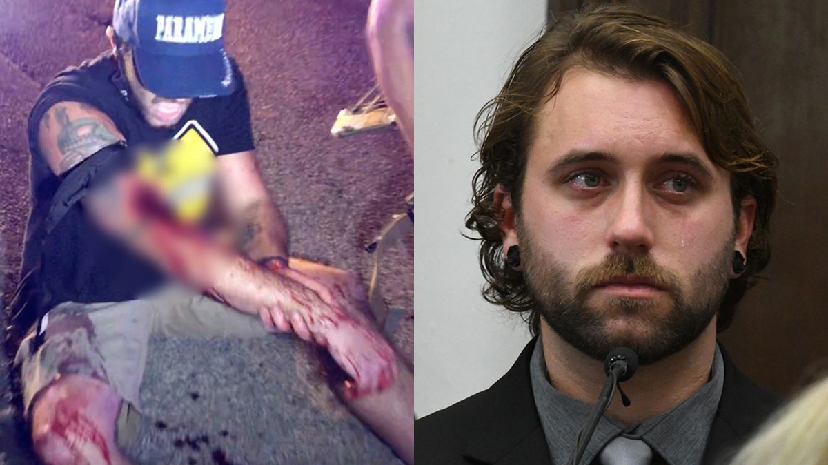 The image on the left shows Gaige Grosskreutz wounded during a protest in Kenosha, Wisconsin, on Aug. 25, 2020, in this still image obtained from a social media video. (INSTAGRAM / @LOURIEALEX/via REUTERS); On the right,<strong> </strong>Gaige Grosskreutz becomes emotional as he testifies Nov. 8, 2021 about being shot in the right arm 