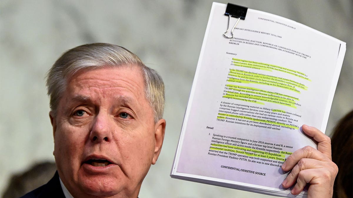 U.S. Senate Judiciary Committee Chairman Senator Lindsey Graham (R-SC) holds a copy of an intelligence report on the Steele dossier as he delivers an opening statement prior to hearing testimony from Justice Department Inspector General Michael Horowitz before a Senate Judiciary Committee hearing "Examining the Inspector General's report on alleged abuses of the Foreign Intelligence Surveillance Act (FISA)" on Capitol Hill in Washington, U.S., December 11, 2019. REUTERS/Erin Scott