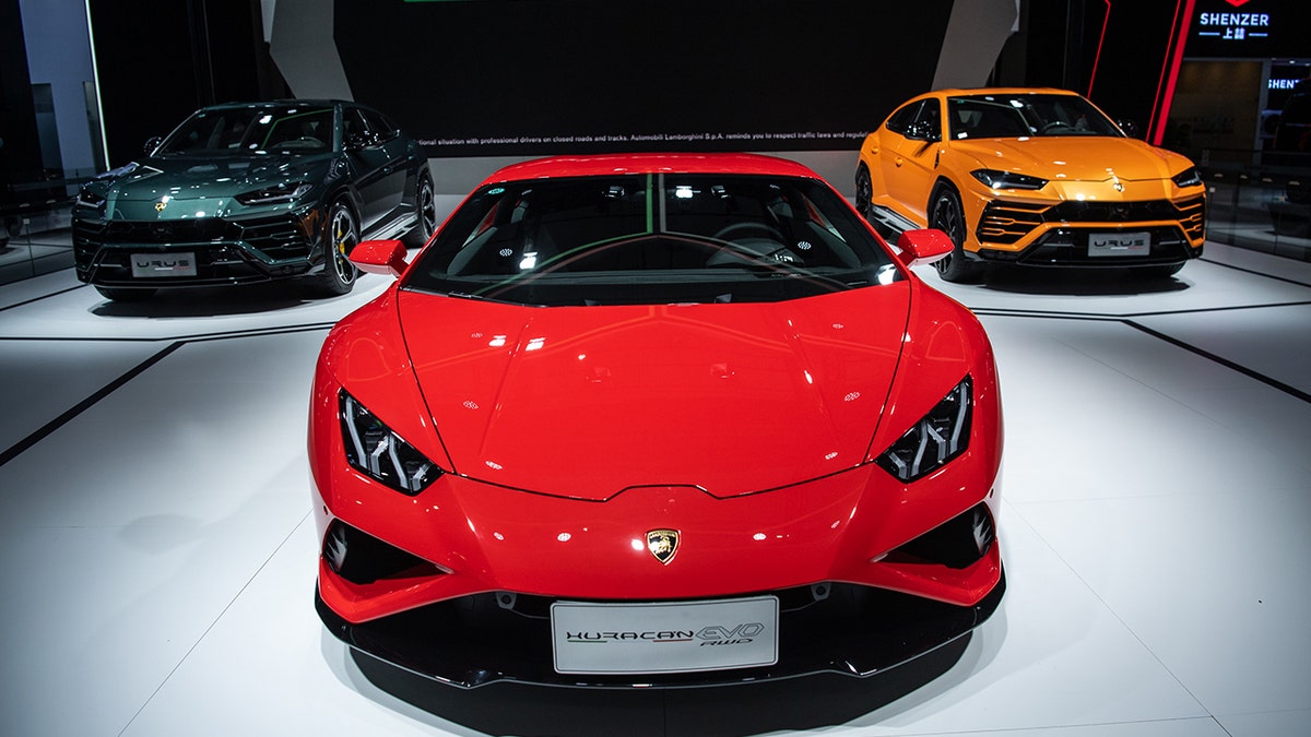 Lamborghini cars on display during the 2021 Guangzhou international automobile exhibition at China Import and Export Fair Complex in Guangzhou, China on Nov. 23, 2021. 