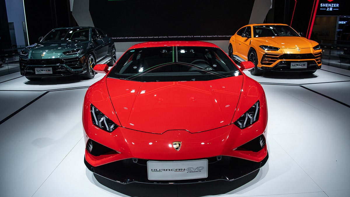 Lamborghini cars on display during the 2021 Guangzhou international automobile exhibition at China Import and Export Fair Complex in Guangzhou, China on Nov. 23, 2021.