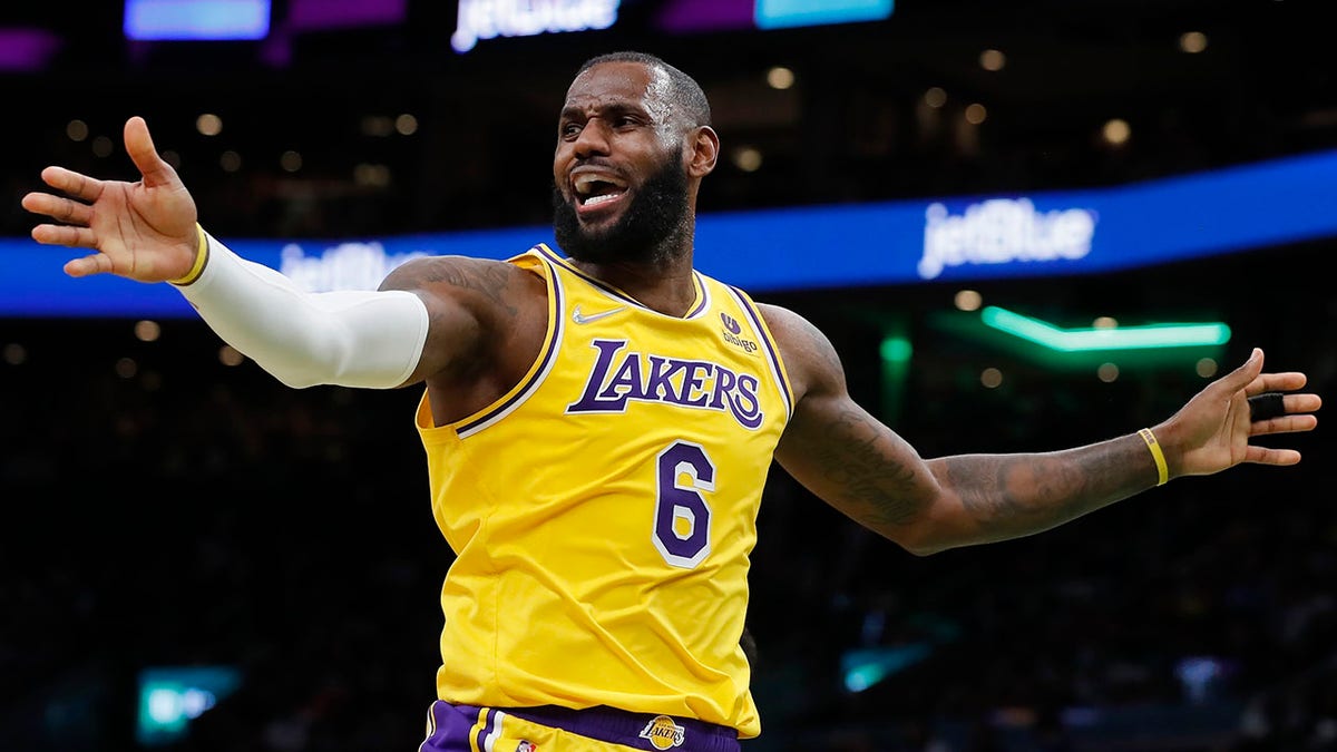 Los Angeles Lakers' LeBron James (6) looks for a call against the Boston Celtics during the second half of an NBA basketball game, Friday, Nov. 19, 2021, in Boston.