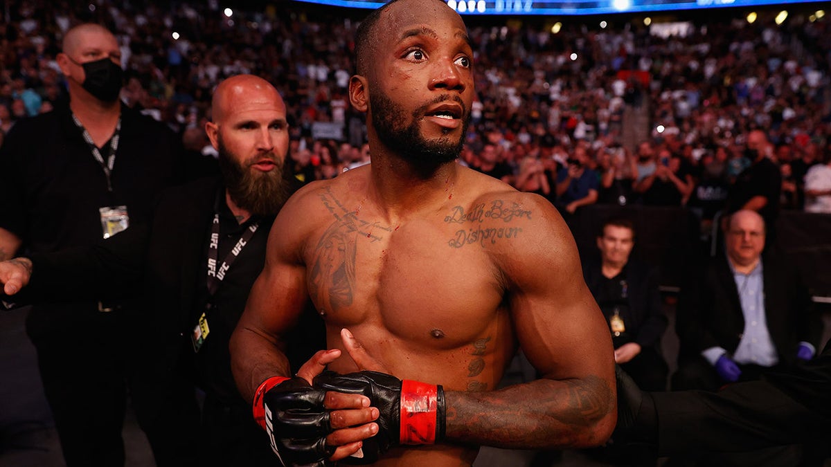 GLENDALE, ARIZONA - JUNE 12: Leon Edwards of Jamaica leaves the octagon after defeating Nate Diaz in an unanimous decision during their UFC 263 welterweight match at Gila River Arena on June 12, 2021 in Glendale, Arizona.