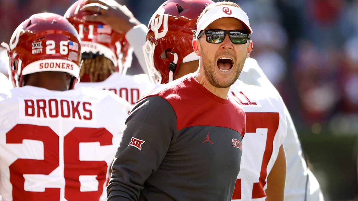 Head coach Lincoln Riley of the Oklahoma Sooners reacts after the Sooners scored a touchdown against the Baylor Bears in the first half at McLane Stadium Nov. 13, 2021 in Waco, Texas.