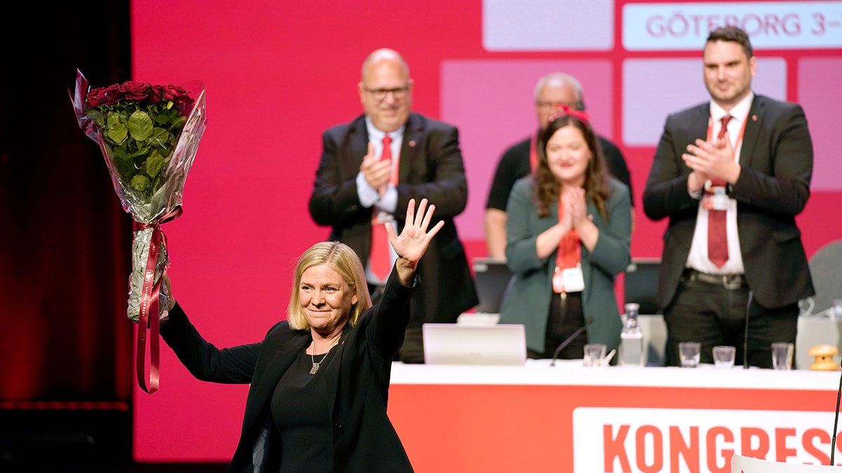 Sweden's Minister of Finance Magdalena Andersson gestures after being elected to party chairman of the Social Democratic Party at the Social Democratic Party congress in Gothenburg, Sweden, on Thursday, Nov. 4, 2021. 