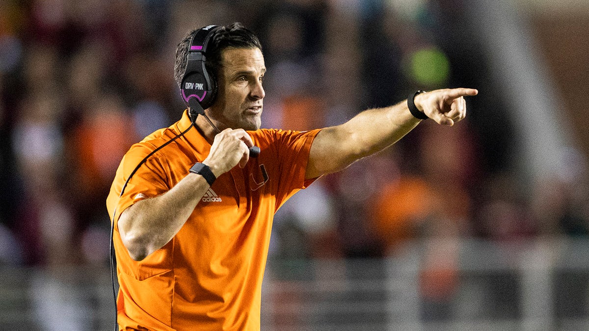 Miami head coach Manny Diaz directs his team against Florida State in Tallahassee, Florida, on Saturday, Nov. 13, 2021. 