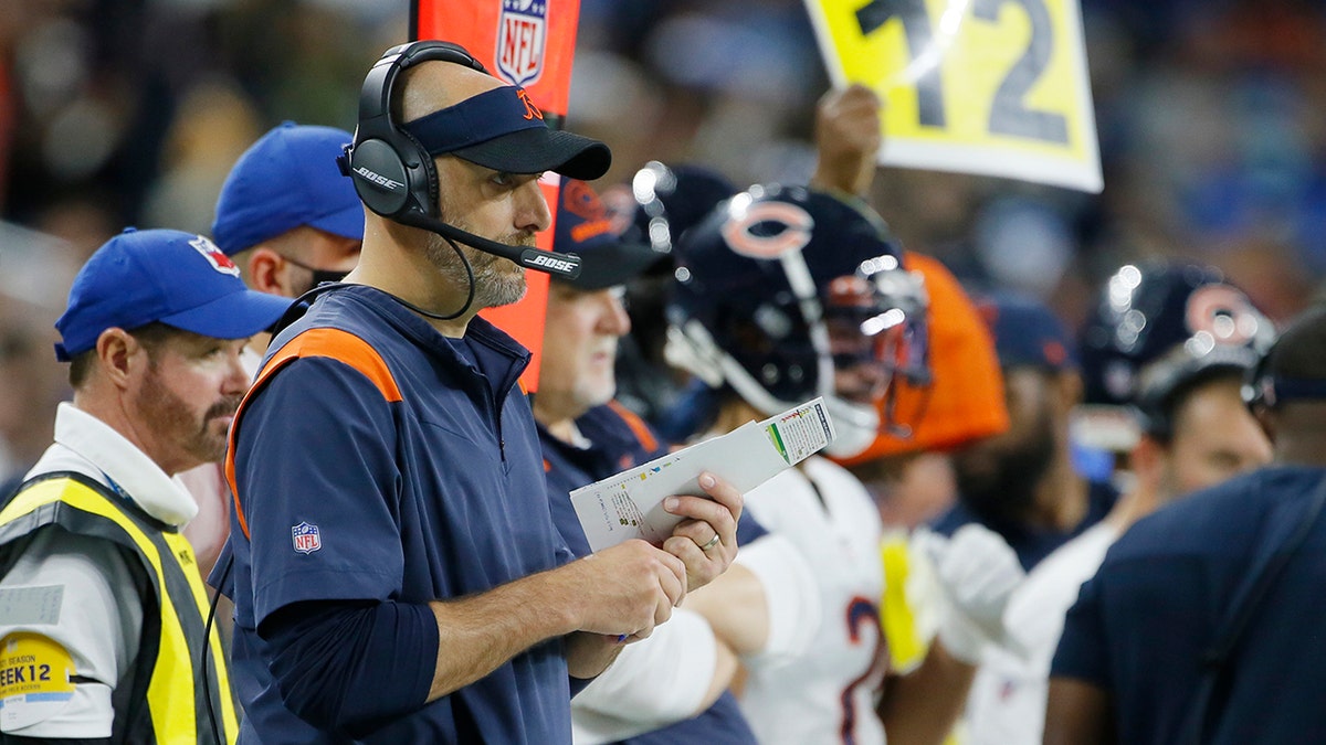 Chicago Bears head coach Matt Nagy on the sideline during the second half of an NFL football game against the Detroit Lions, Thursday, Nov. 25, 2021, in Detroit.