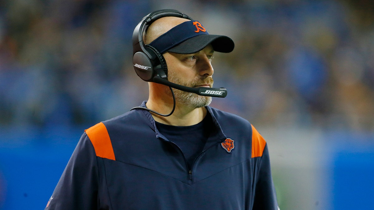 Chicago Bears head coach Matt Nagy watches from the sideline during the second half of an NFL football game against the Detroit Lions, Thursday, Nov. 25, 2021, in Detroit.