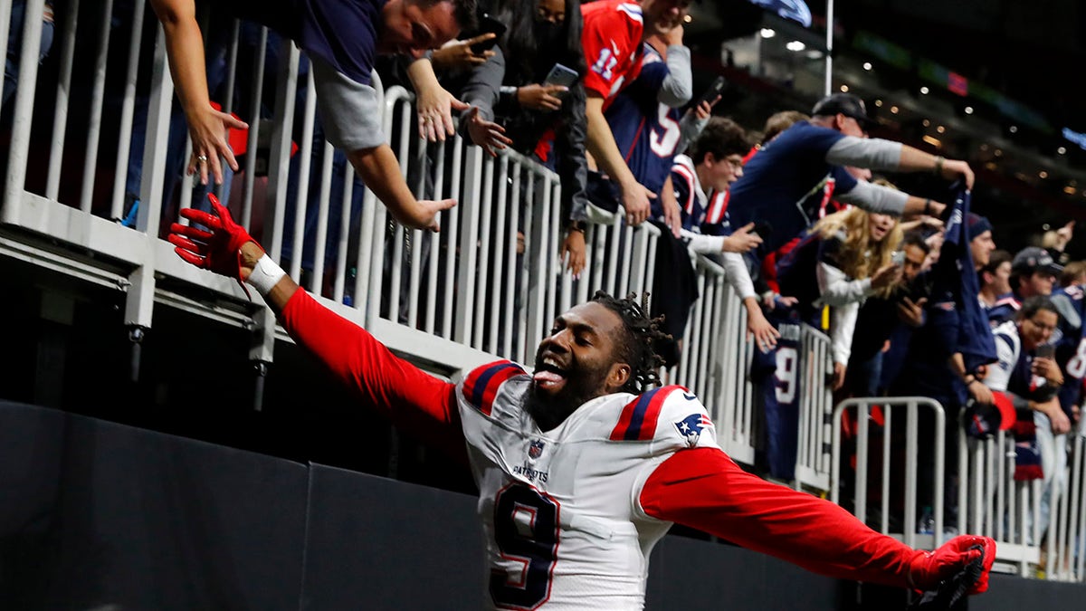 Matt Judon of the New England Patriots reacts as the Patriots defeat the Falcons 25-0 at Mercedes-Benz Stadium on Nov. 18, 2021, in Atlanta, Georgia.