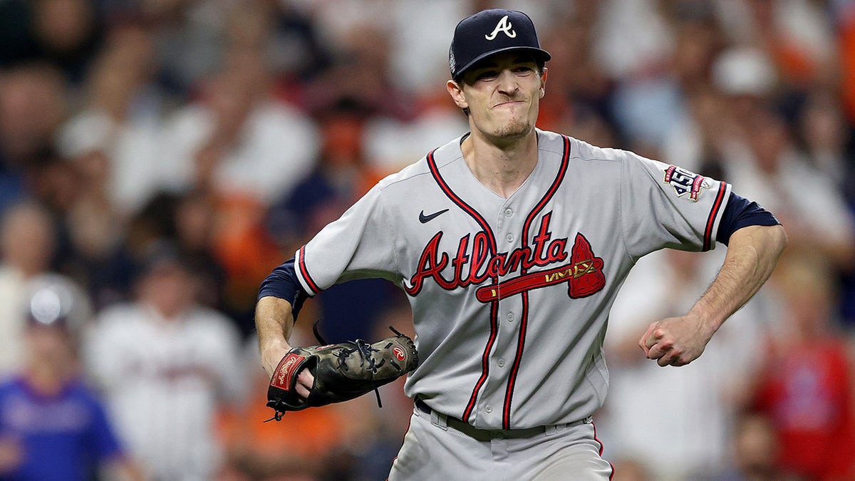 HOUSTON, TEXAS - NOVEMBER 02: ?Max Fried #54 of the Atlanta Braves celebrates after retiring the side against the Houston Astros during the sixth inning in Game Six of the World Series at Minute Maid Park on November 02, 2021 in Houston, Texas.