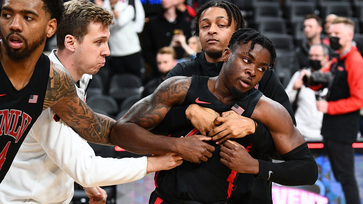 UNLV Rebels guard Michael Nuga after the Nov. 21, 2021, game against the Wichita State Shockers at the T-Mobile Arena in Las Vegas, Nevada.