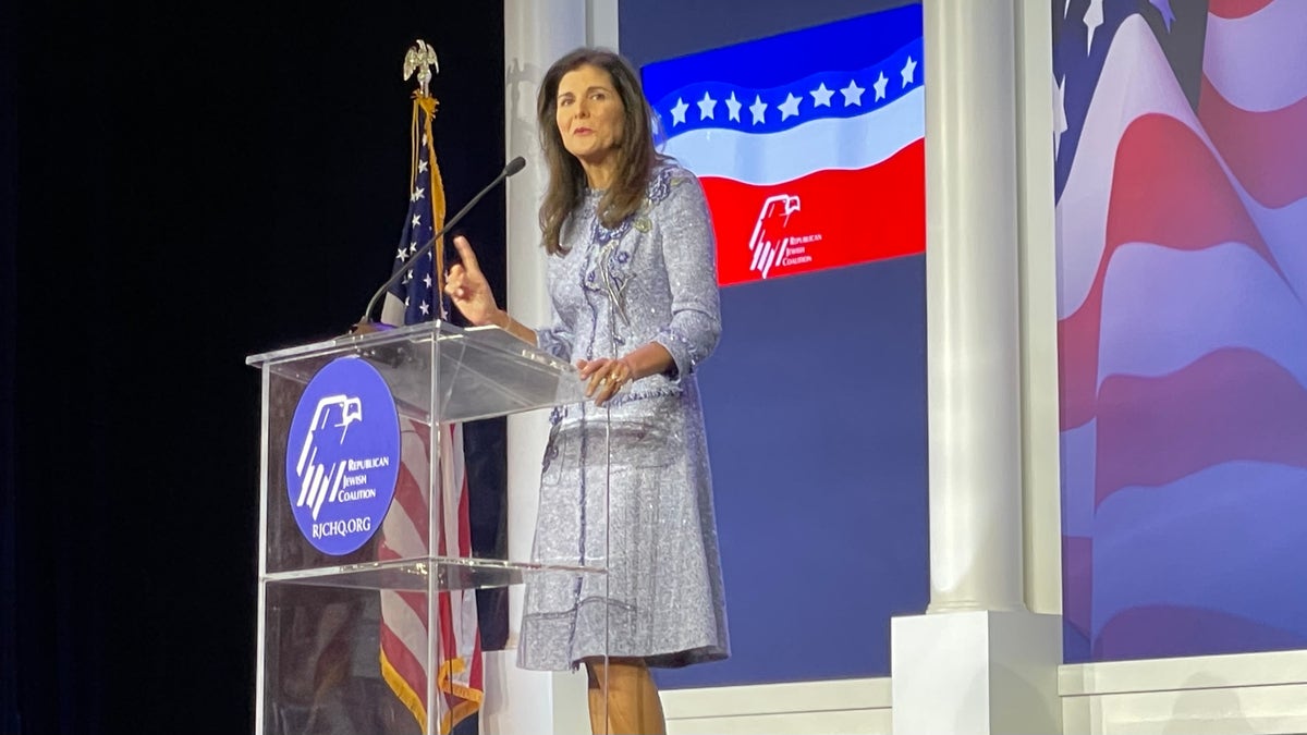 Former GOP Gov. Nikki Haley of South Carolina, who served as U.S. ambassador to the United Nations in the Trump administration, addresses the Republican Jewish Coalition's annual leadership meeting, on Nov. 6, 2021, in Las Vegas.