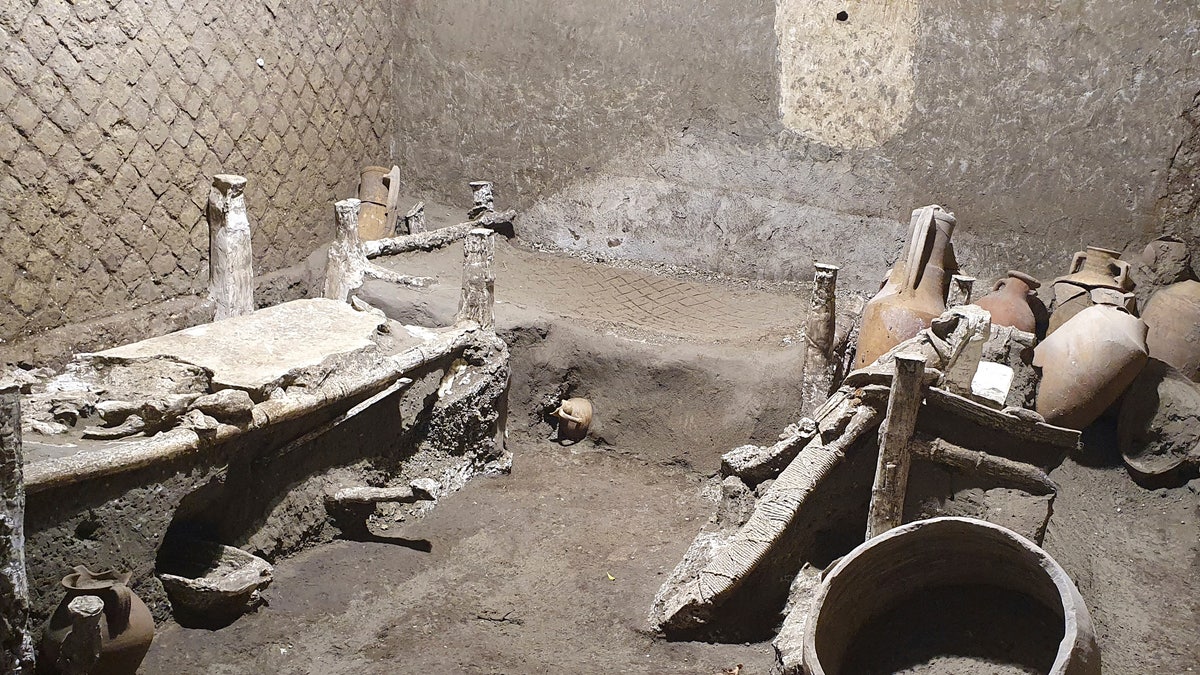 A view of the latest finding in Pompeii, Italy. Archeologists, excavating a villa amid the ruins of the 79 A.D. volcanic eruption, have discovered a room that served as both a dormitory and storage area, which officials said Saturday offered "a very rare insight the daily life of slaves." Italy’s culture minister, Dario Franceschini, said the find was "an important discovery that enriches the knowledge of the daily life of ancient Pompeiians, in particular the level of society still little known."