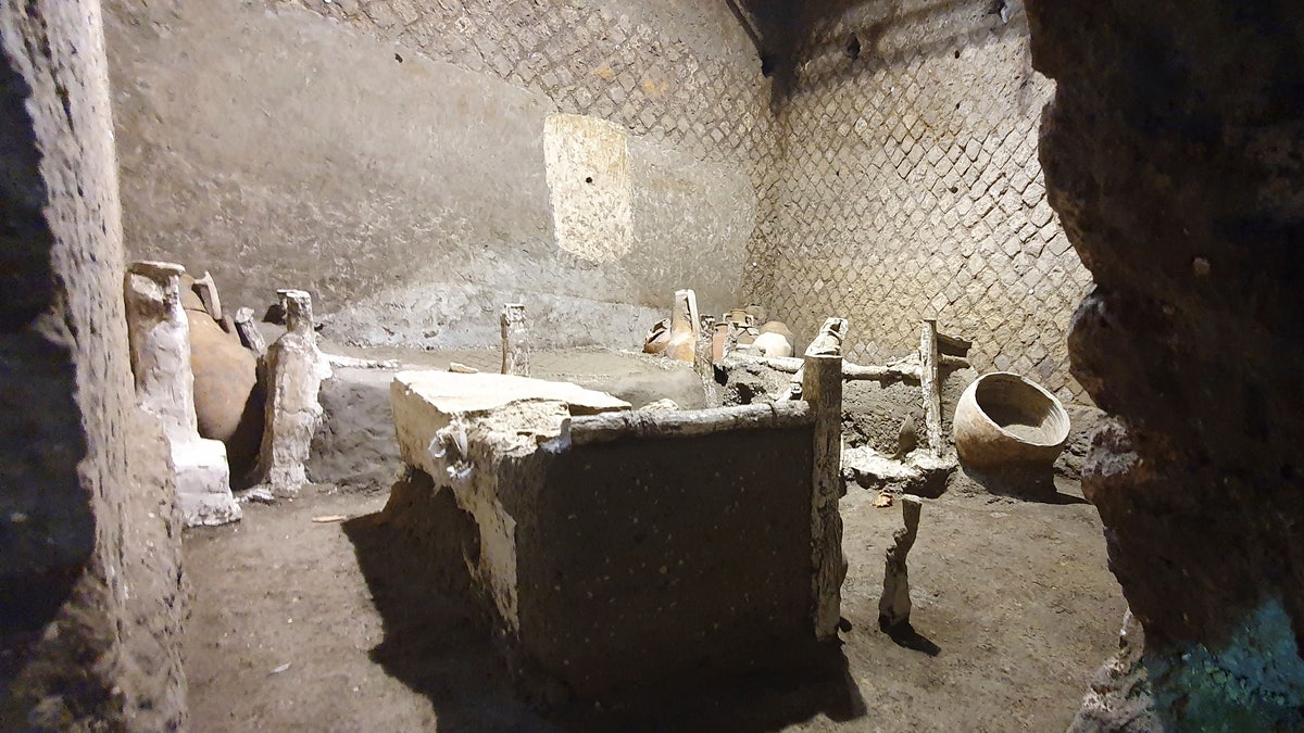 A view of the latest finding in Pompeii, Italy. Archeologists, excavating a villa amid the ruins of the 79 A.D. volcanic eruption, have discovered a room that served as both a dormitory and storage area, which officials said Saturday offered "a very rare insight the daily life of slaves." Italy’s culture minister, Dario Franceschini, said the find was "an important discovery that enriches the knowledge of the daily life of ancient Pompeiians, in particular the level of society still little known."
