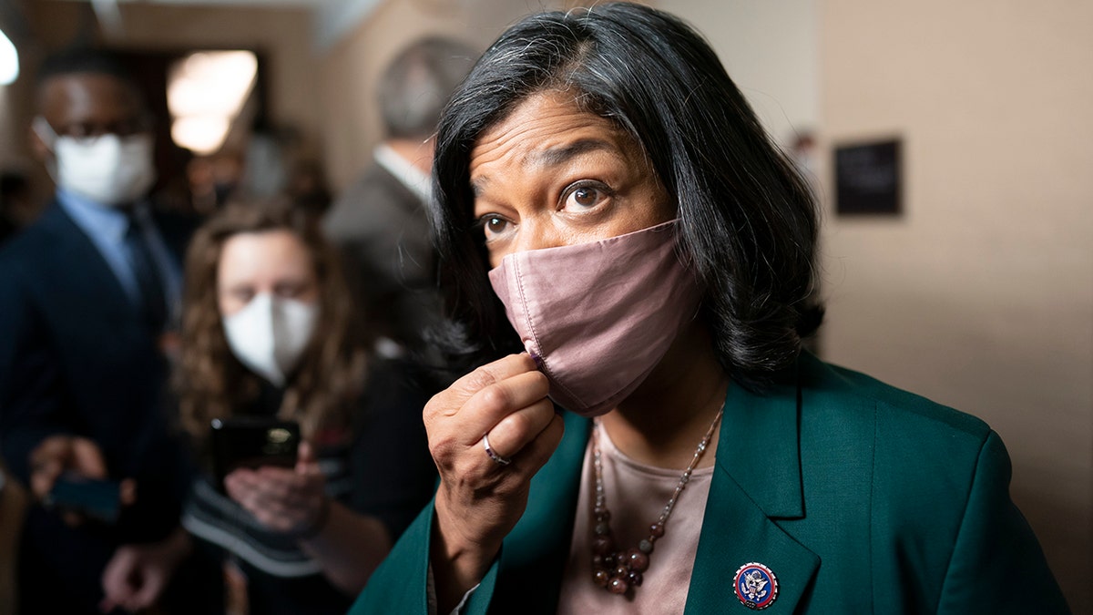 Rep. Pramila Jayapal, D-Wash., chair of the Congressional Progressive Caucus, updates reporters at the Capitol in Washington, Tuesday, Nov. 2, 2021. 