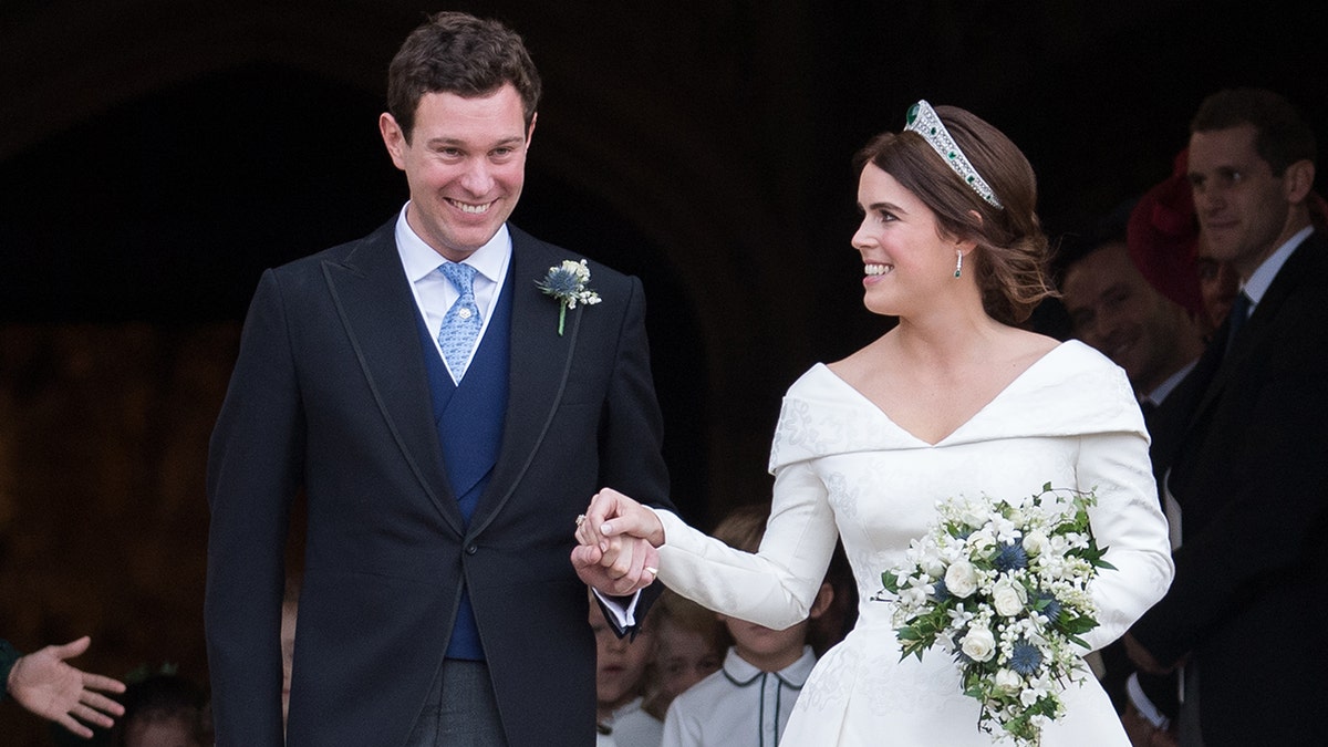 Princess Eugenie of York and Jack Brooksbank leave St George's Chapel in Windsor Castle following their wedding at St. George's Chapel on Oct. 12, 2018, in Windsor, Englan