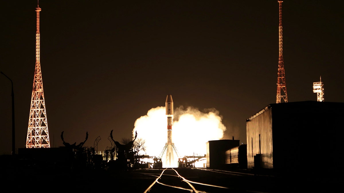 The Soyuz rocket blasts off from the launch pad at Russia's space facility in Baikonur, Kazakhstan, on Wednesday, Nov. 24, 2021. 