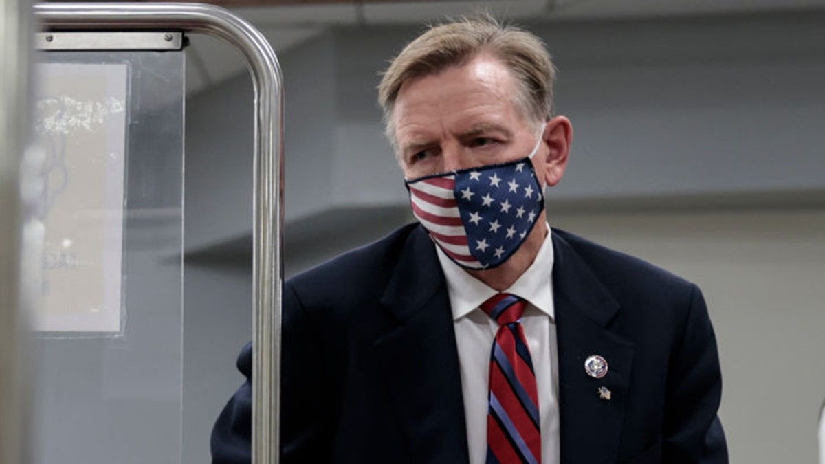 WASHINGTON, DC - NOVEMBER 17: Rep. Paul Gosar (R-AZ) walks on to a subway to the U.S. Capitol Building on November 17, 2021 in Washington, DC. (Photo by Anna Moneymaker/Getty Images)