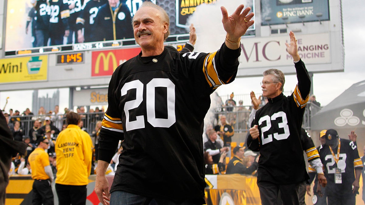 Rocky Bleier, a member of the 1974 Super Bowl team, is honored during a halftime ceremony during the game between the New Orleans Saints and the Pittsburgh Steelers on Nov. 30, 2014, at Heinz Field in Pittsburgh, Pennsylvania.