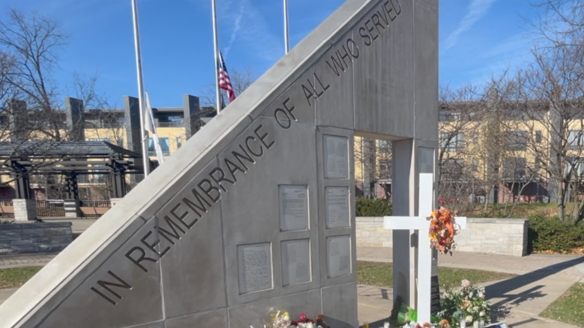 A makeshift memorial for the victims of the Christmas parade assault at Veterans Park in downtown Waukesha