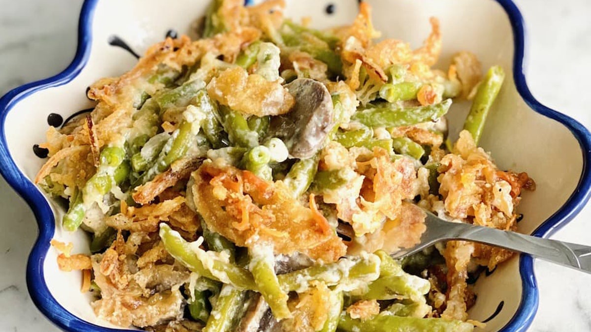 The "Skillet Green Bean Casserole" doesn’t use cream of mushroom soup as many traditional green bean casseroles do. (Courtesy of Quiche My Grits)