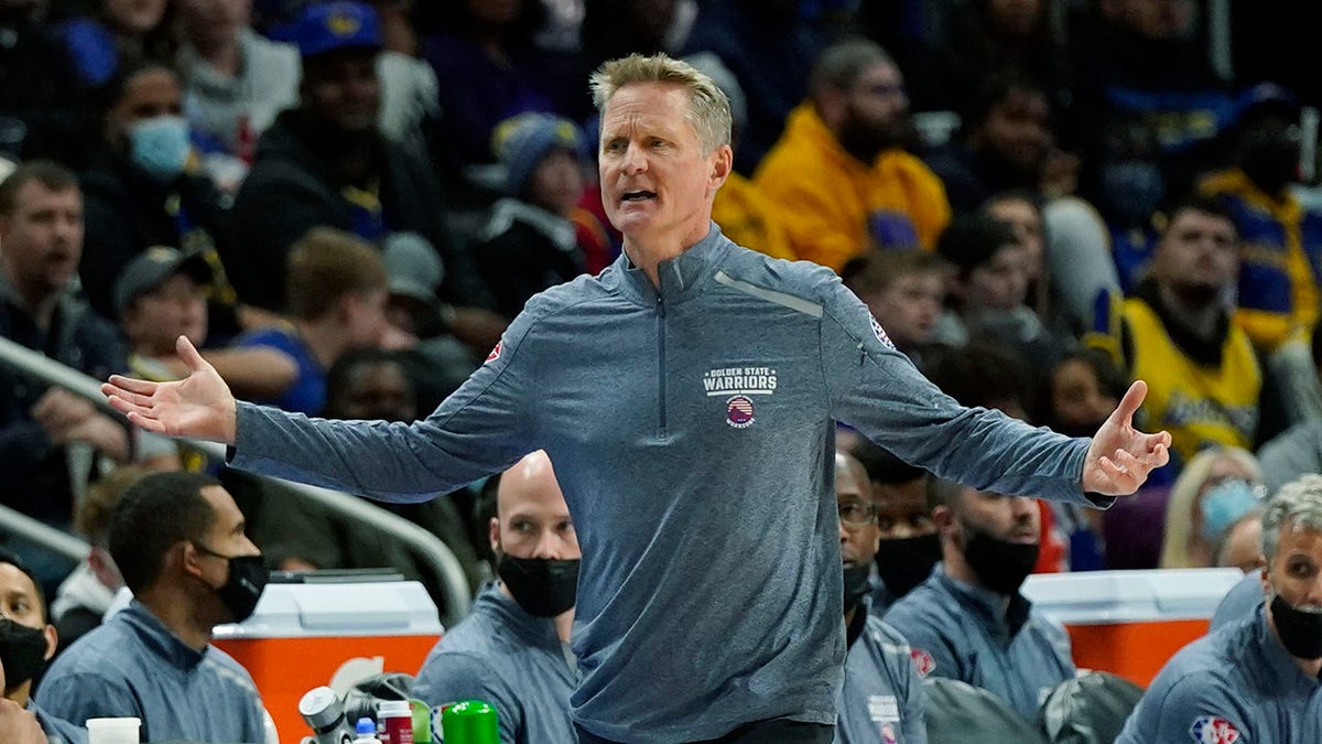 Golden State Warriors head coach Steve Kerr reacts on the sideline during the second half of an NBA basketball game against the Detroit Pistons, Friday, Nov. 19, 2021, in Detroit.