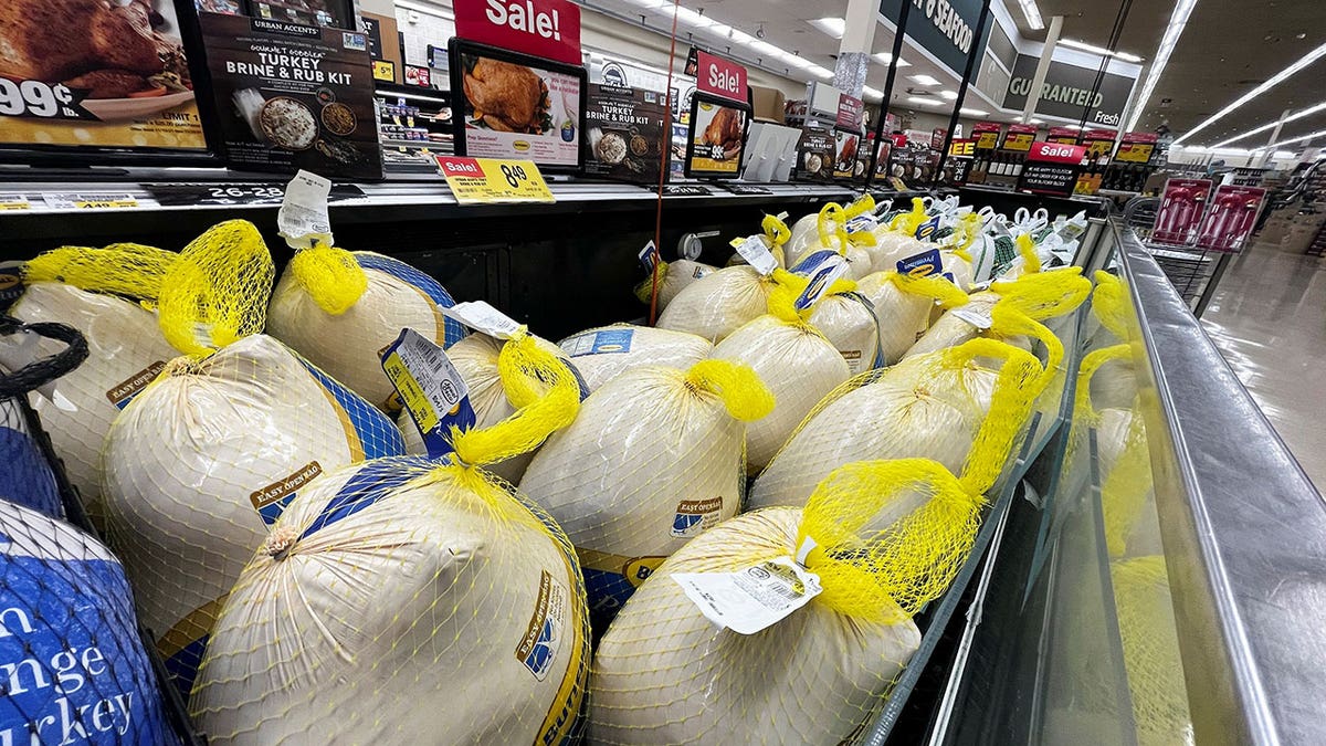 Turkeys are displayed for sale at a Jewel-Osco grocery store ahead of Thanksgiving, in Chicago, Illinois, Nov. 18, 2021.