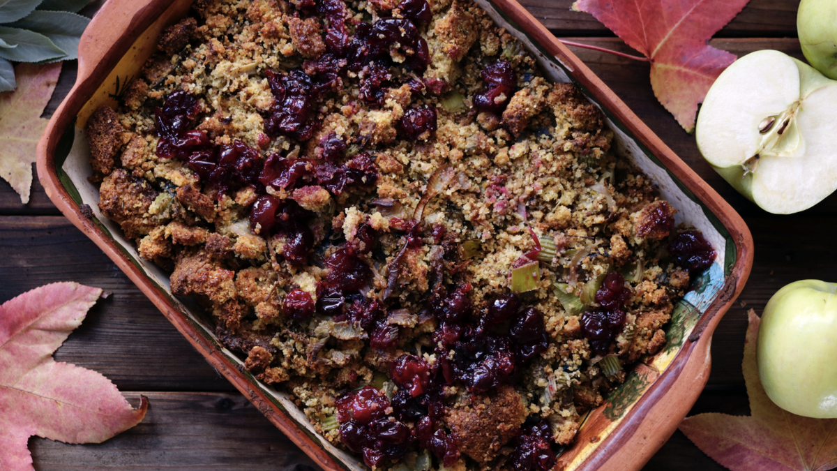 Thanksgiving stuffing with mushrooms and cranberries