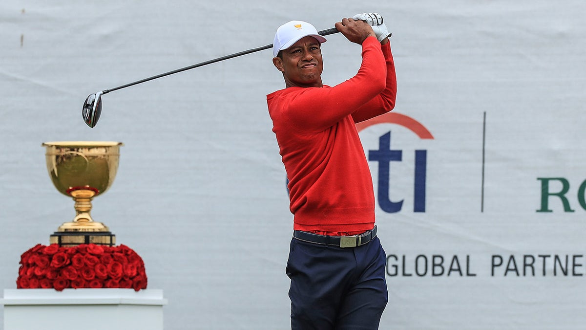 Tiger Woods of the United States Team plays his tee shot on the first hole in his match against Abraham Ancer during the final day singles matches in the 2019 Presidents Cup at Royal Melbourne Golf Club on Dec. 15, 2019 in Melbourne, Australia.